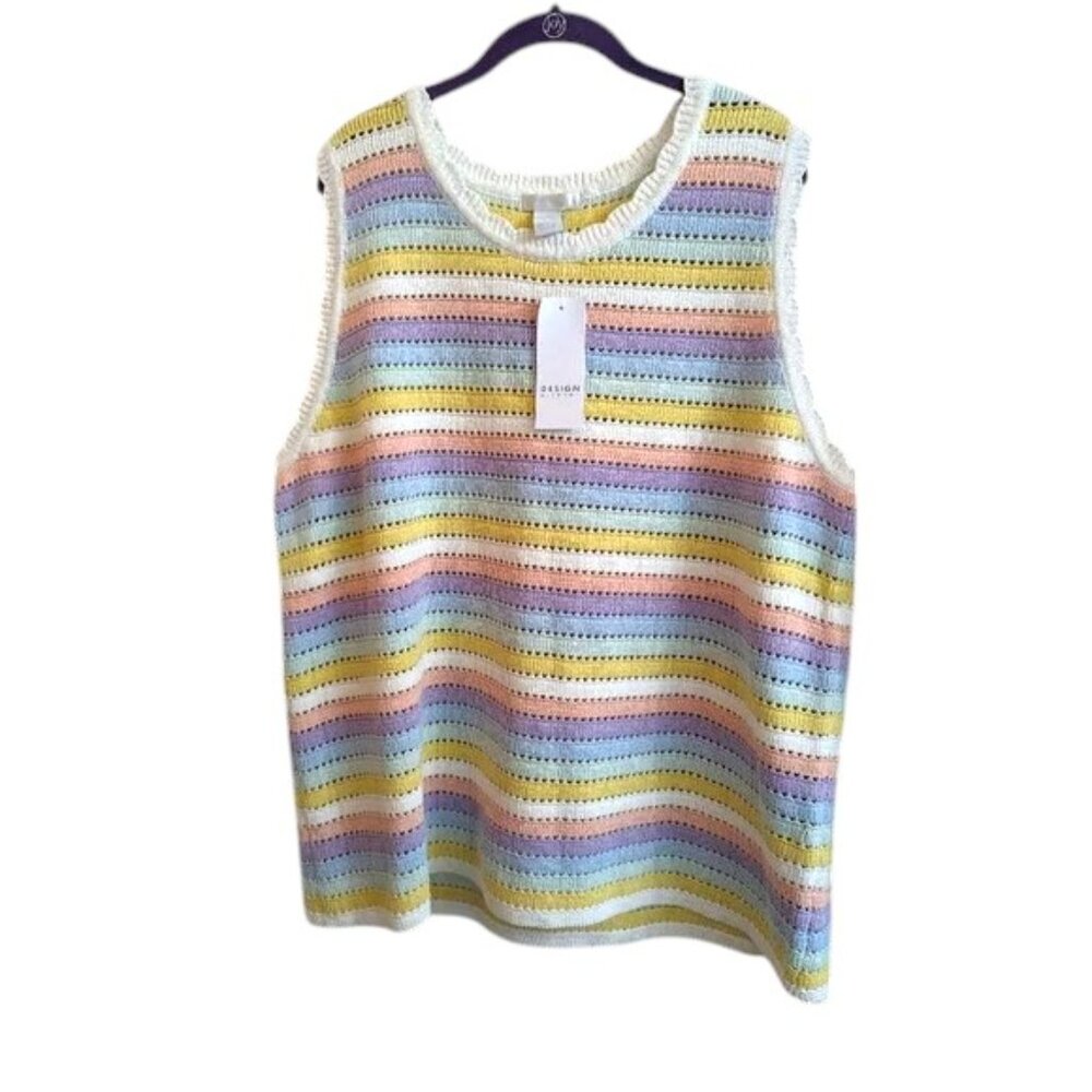 Design History Pastel Crochet Rainbow Striped Tank Top NWT